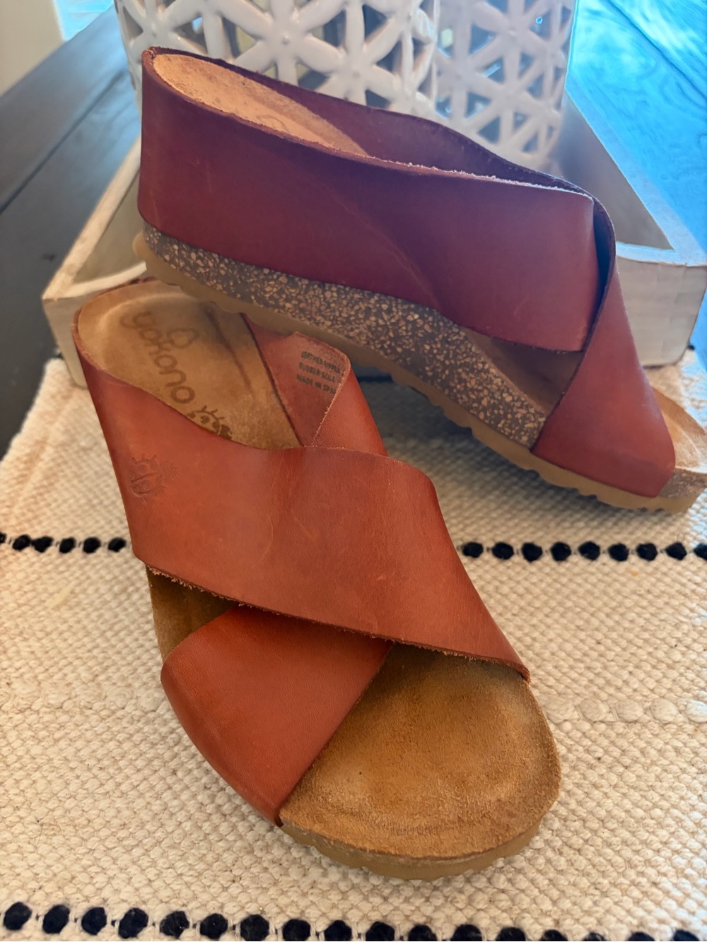 Yokono Red-Brown Leather Crisscross Wedge Sandals-made in Spain